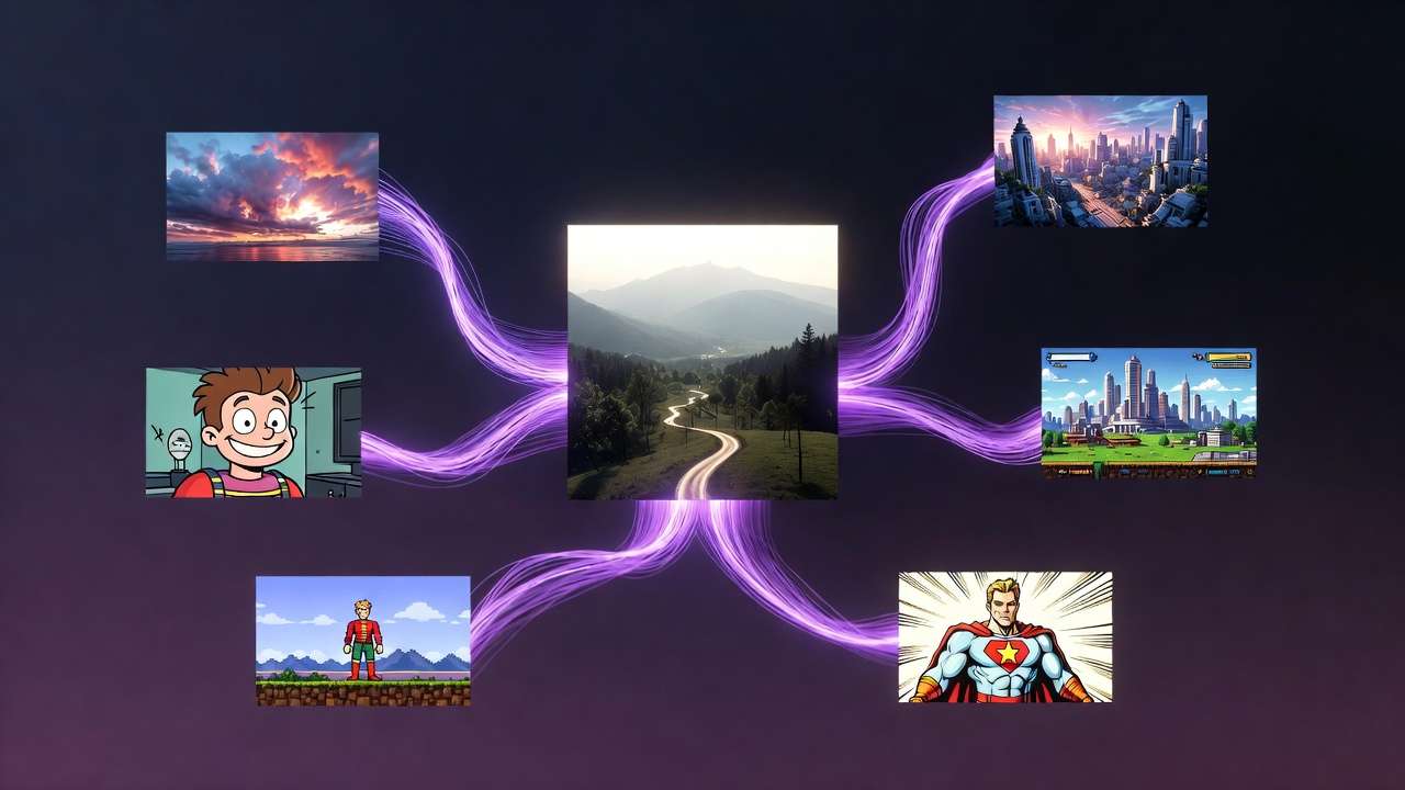 Mountain road hub with 6 outputs (sunset, cartoon boy, pixel art, city, comic hero) via purple energy lines