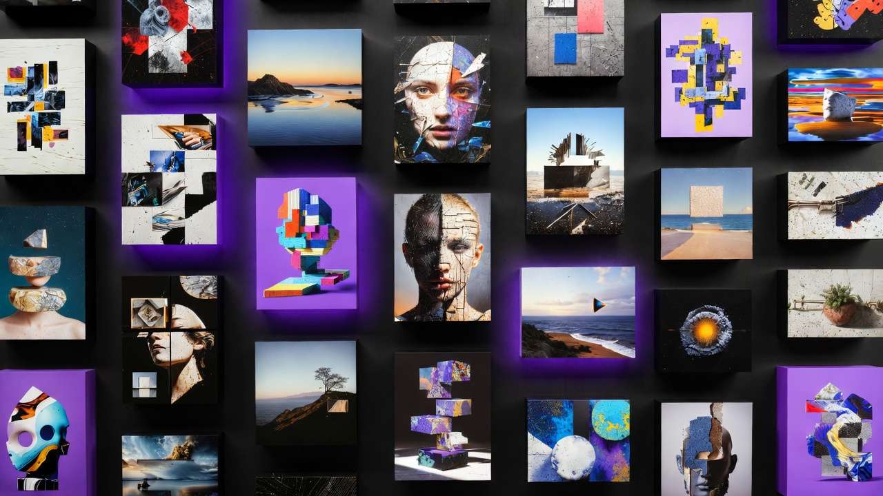 Gallery grid: fragmented portraits, LEGO-style bust, abstract blocks, coastal scenes, cosmic orb, purple glow