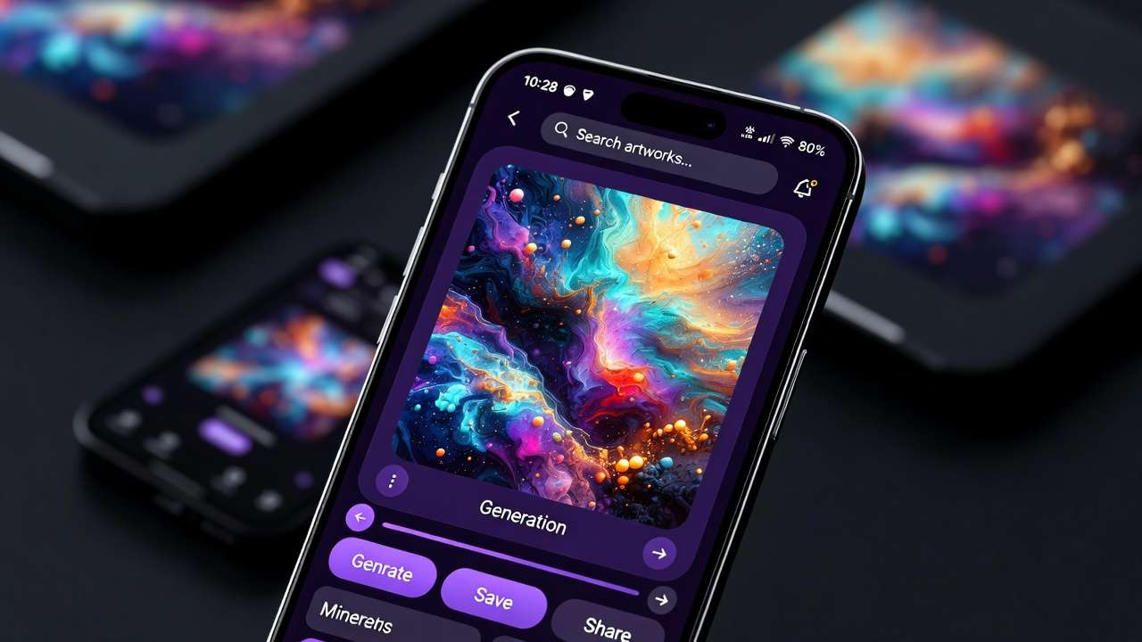 AI-generated art grid, purple accents