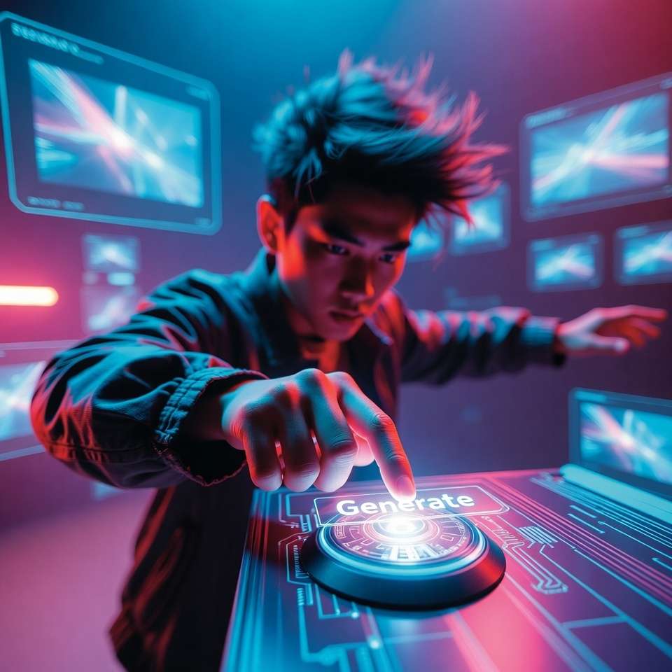 Young person pressing glowing Generate button on neon blue-magenta interface, cyberpunk creative studio