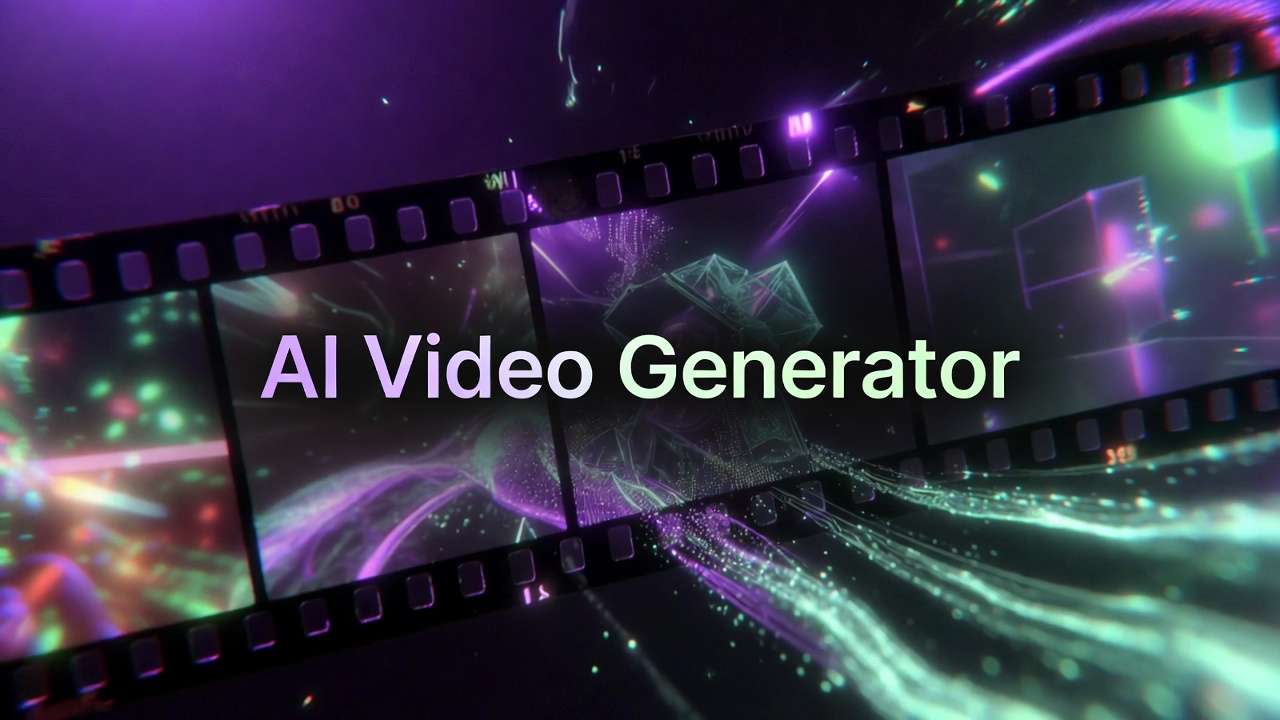 AI Video Generator on film strip, purple glow