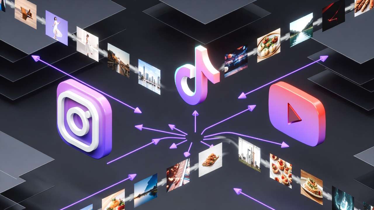 TikTok, Instagram, YouTube logos, content thumbnails flow