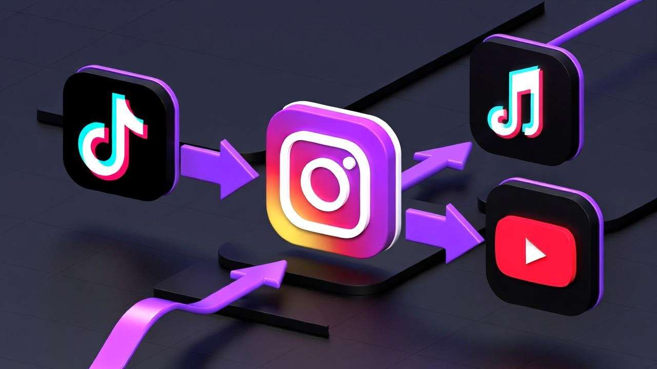Instagram hub, TikTok arrows, purple flow