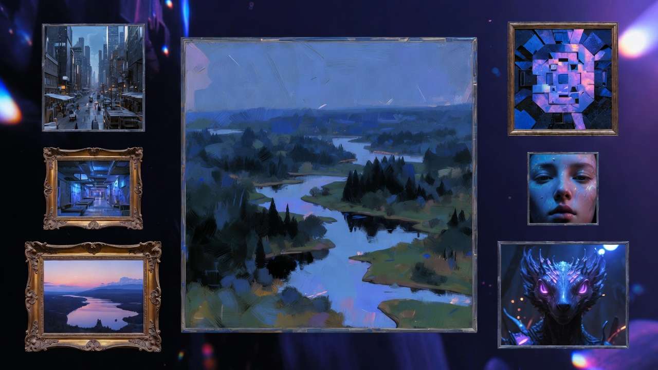 7 framed artworks: street, tunnel, landscape, abstract, portrait, creature