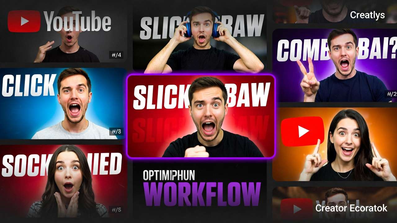 9 YouTube thumbnails, expressive faces, CLICK, SLICK