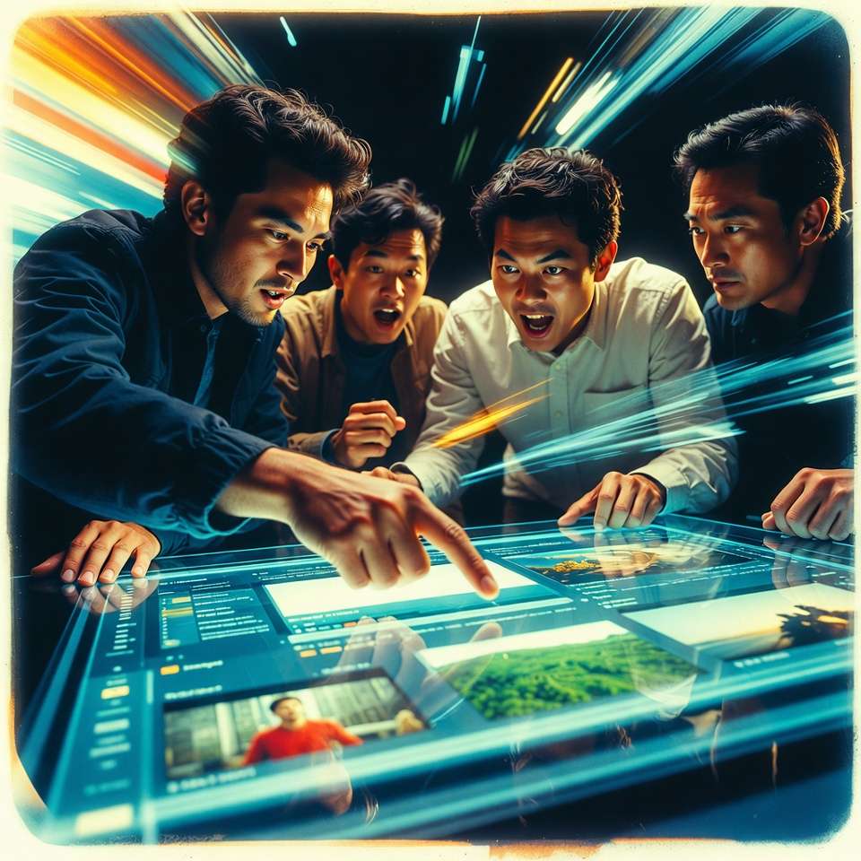 Four men at transparent touchscreen table, images Team collaboration, futuristic UI
