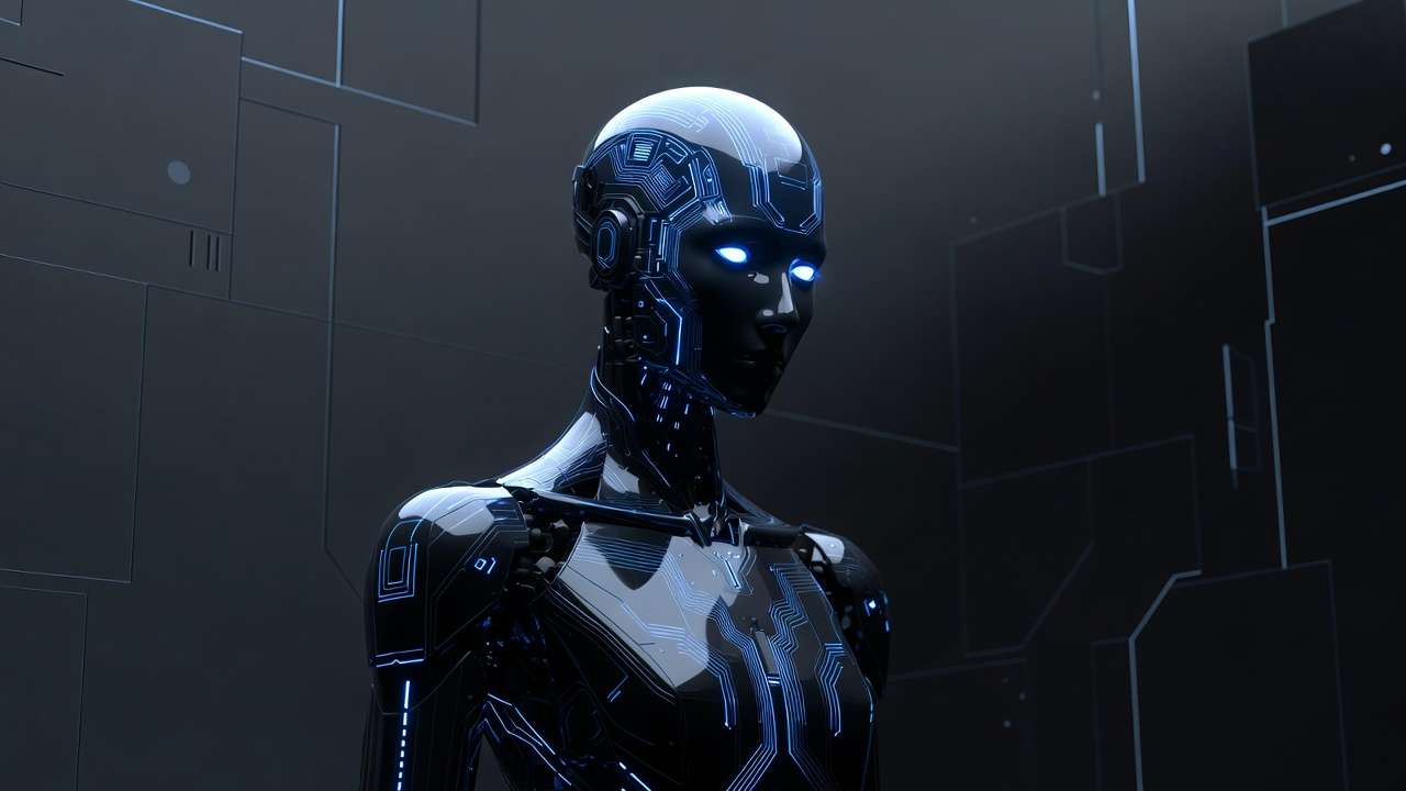 Dark robot with blue circuitry eyes