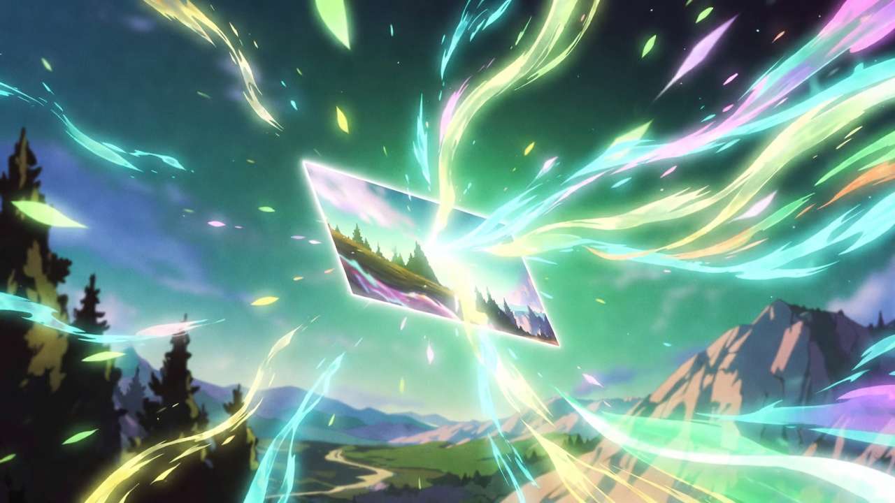 Anime-style glowing rectangular portal above lush landscape, neon ribbons of light, rolling hills