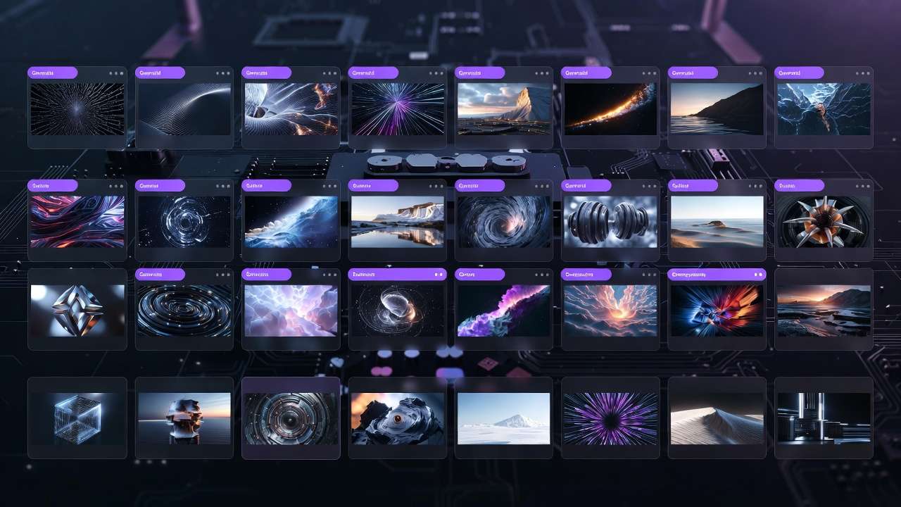 7x5 grid of 35 AI art thumbnails with model labels, abstract forms, fantasy landscapes