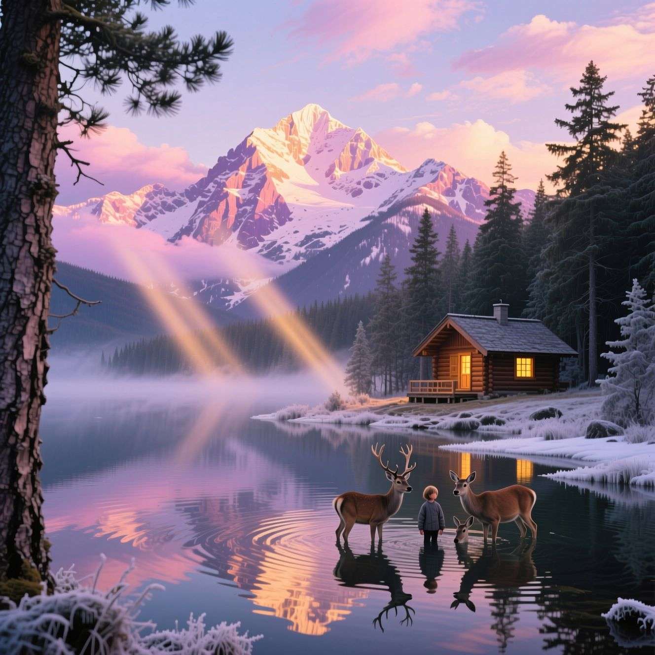 Winter lake, child + three deer, cabin, mountains