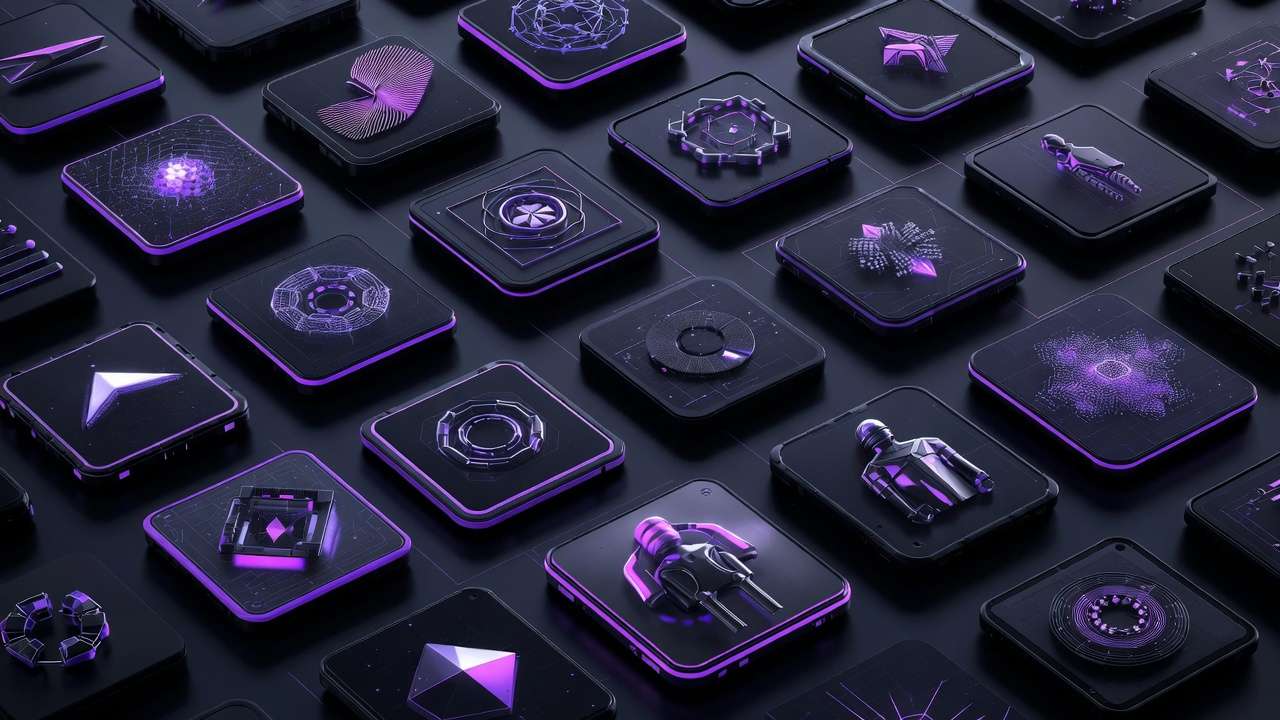 Dark grid of square tiles with 3D purple-glowing icons: crystals, gears, neural networks, stylized figures