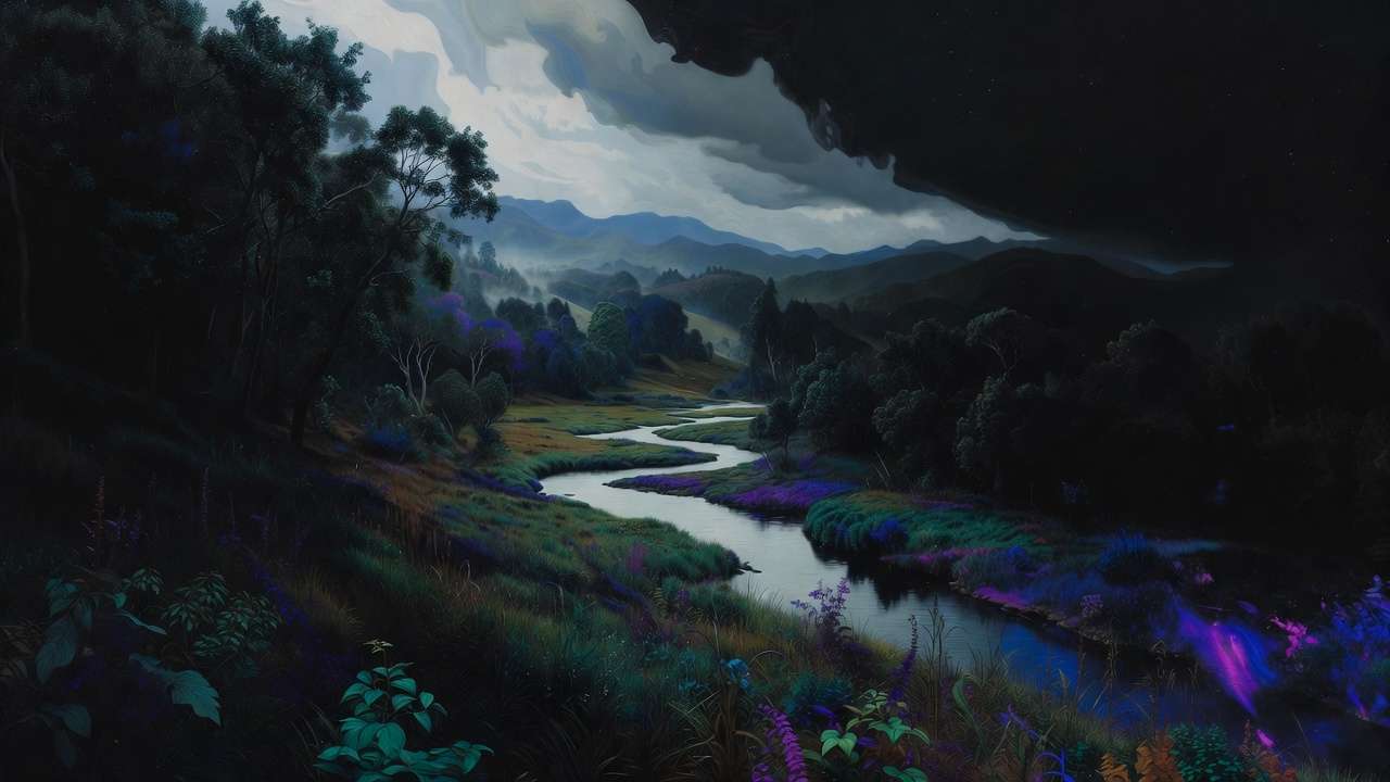 Mystical river valley, glowing terrain, fantasy atmosphere