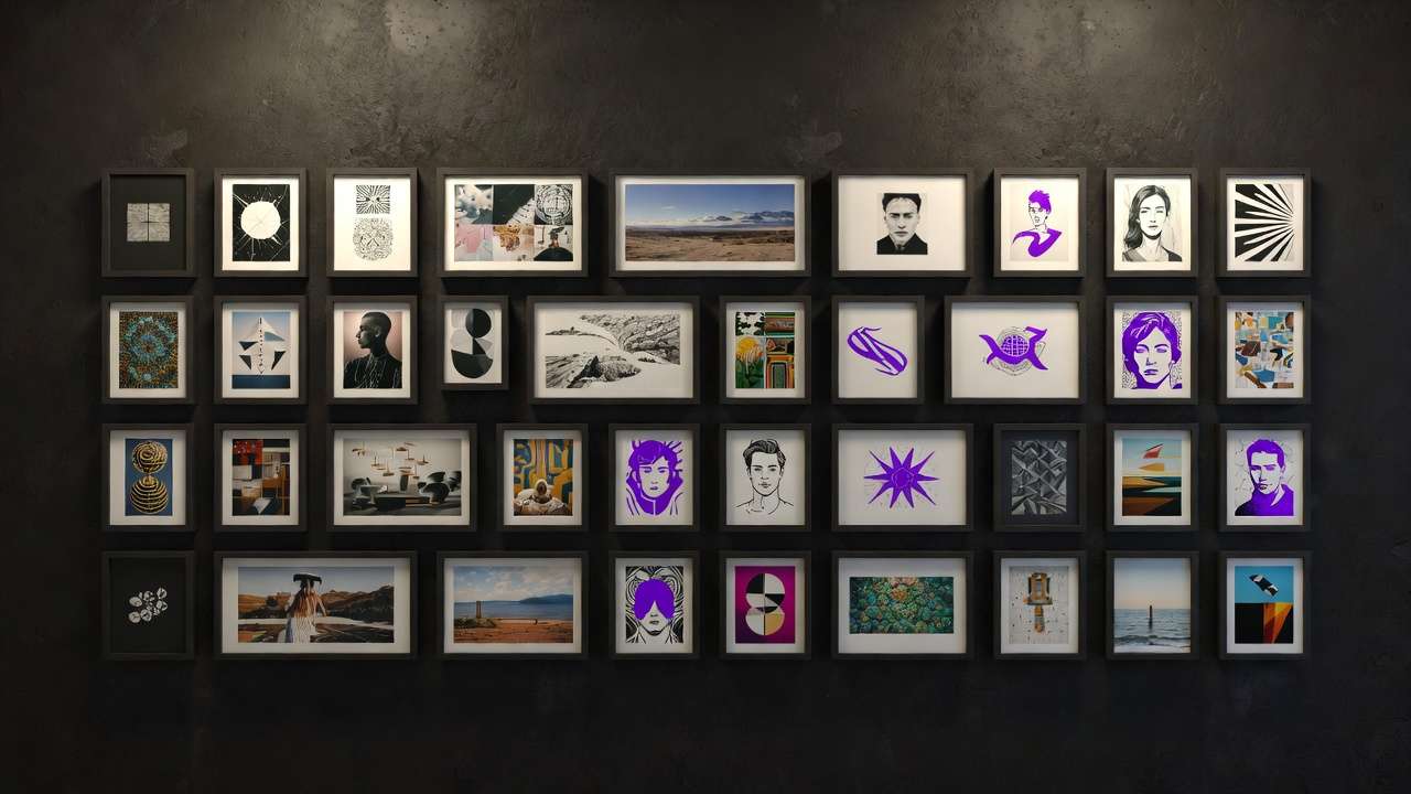 35 frames on dark wall: abstract, portraits, mandala, landscape