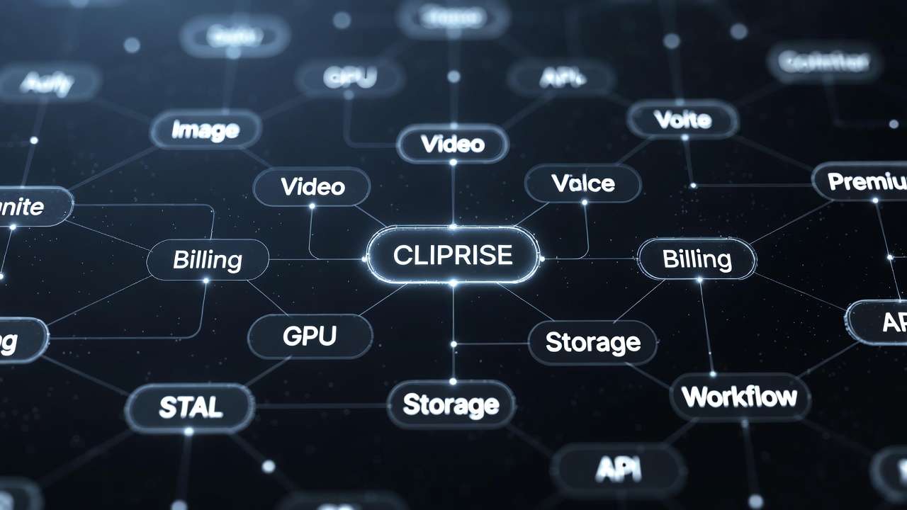 Network diagram: CLIPRISE core, nodes Image, Video, Billing, GPU, Storage, Workflow, API
