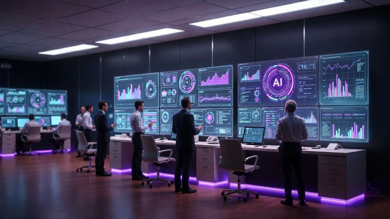 Futuristic AI control room with professionals at transparent screens displaying charts and purple LED desk
