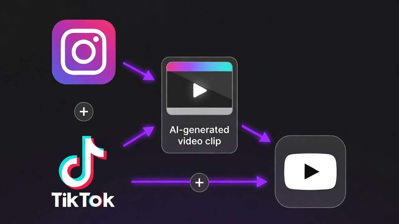 Instagram and TikTok icons feeding into AI-generated video clip, output to YouTube, purple arrows