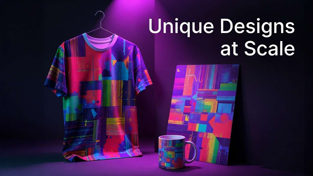T-shirt, framed print, and mug with vibrant abstract geometric design, Unique Designs at Scale text