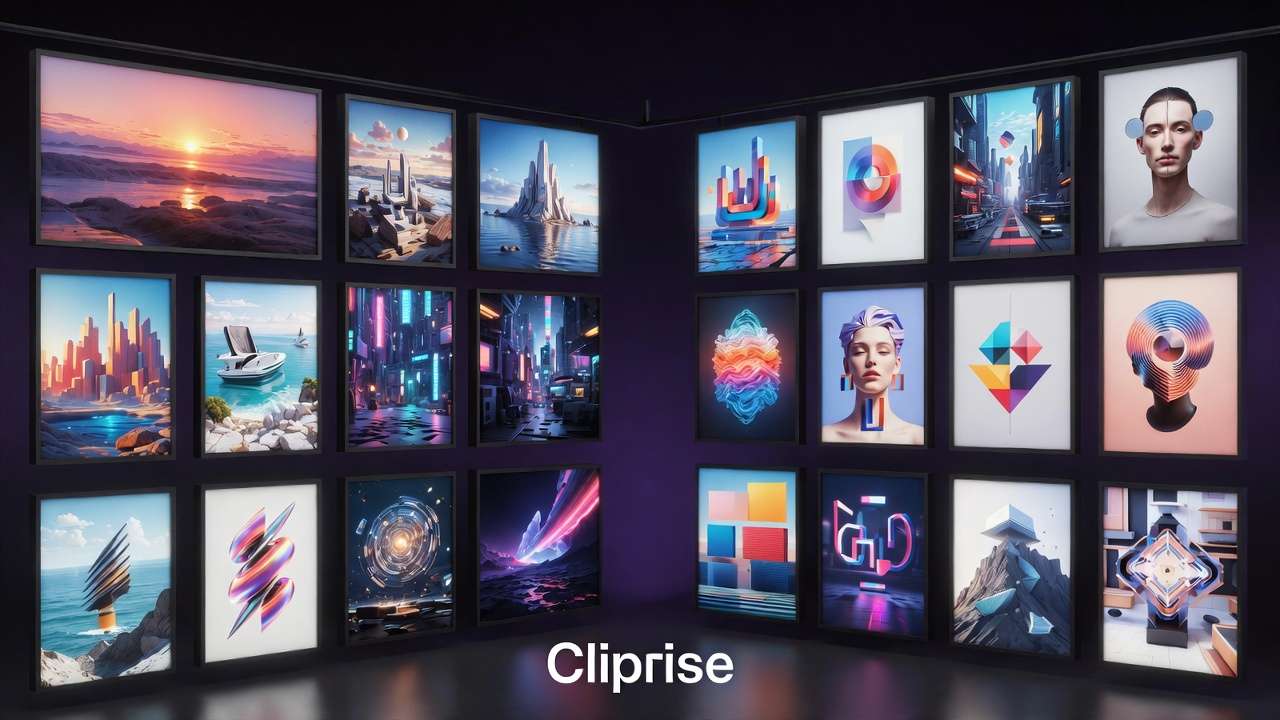 Virtual gallery of 21 framed AI artworks on purple walls, diverse styles from landscape to cyberpunk