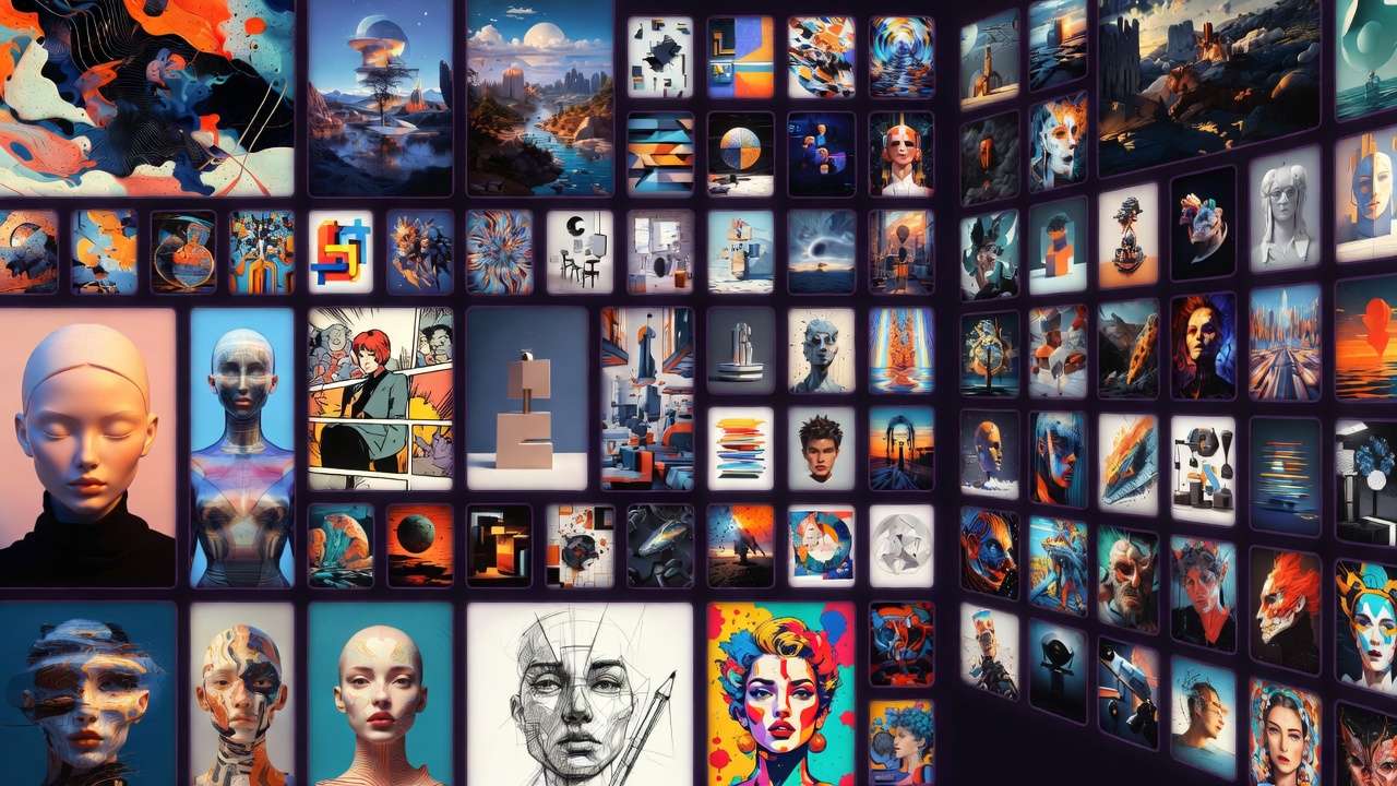 Dense angled grid of hundreds of AI artworks: portraits, abstracts, landscapes, comic panels