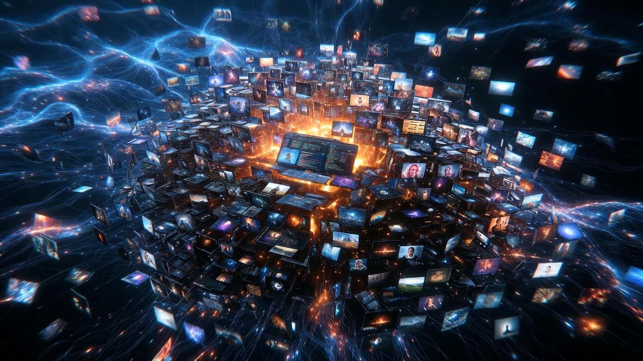 Screens displaying code and network diagrams, tech workspace