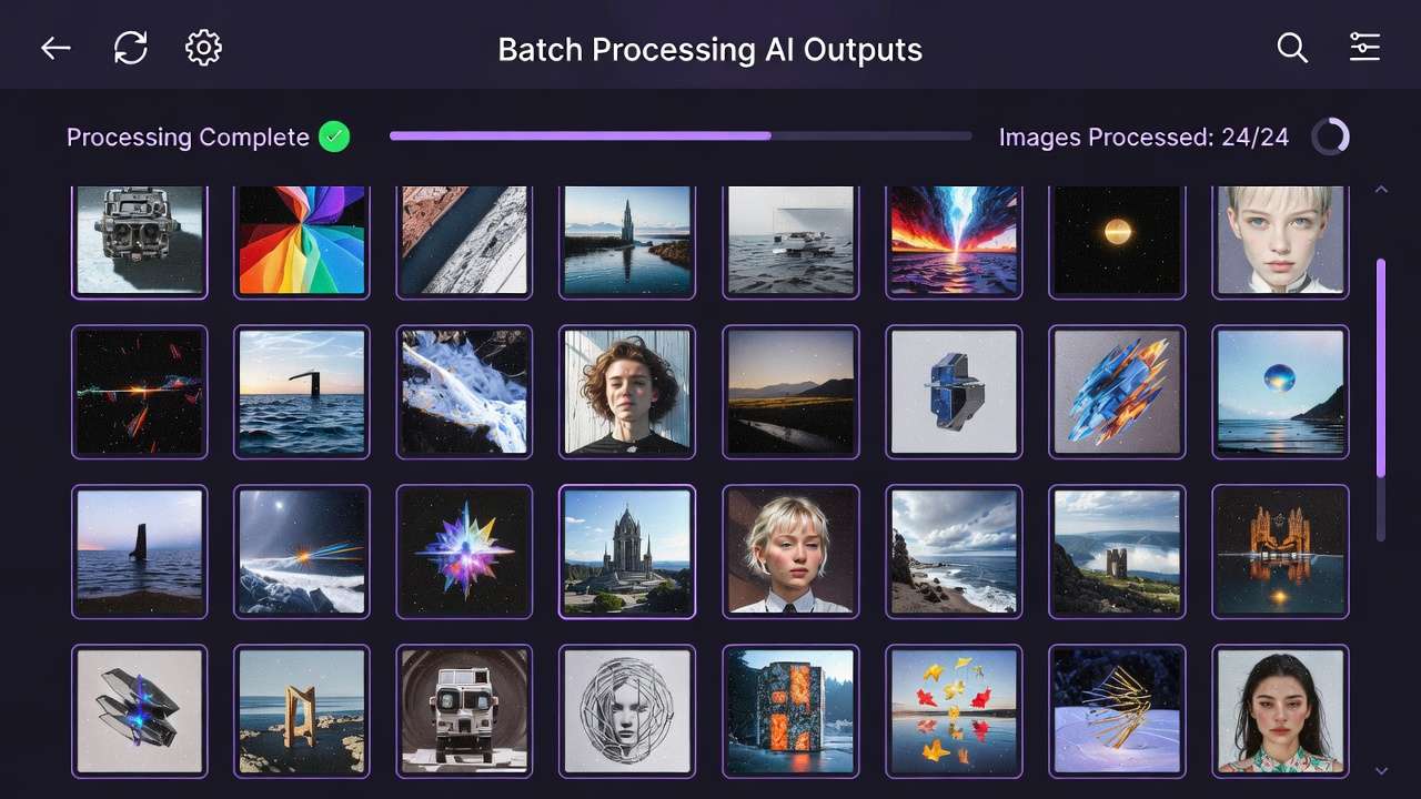 Batch Processing AI Outputs UI: 24 thumbnails, Processing Complete