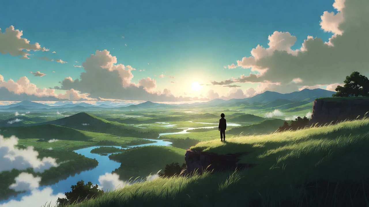 Anime valley, figure on hill, golden sun, river