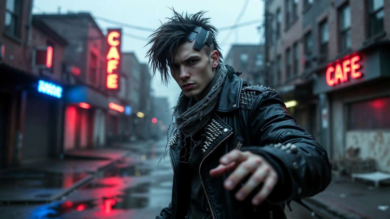 Cyber-goth man, leather jacket, neon CAFE, implant