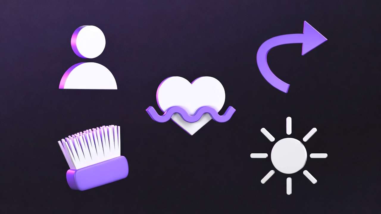 5 3D icons: user, heart+ribbon, arrow, brush, sun