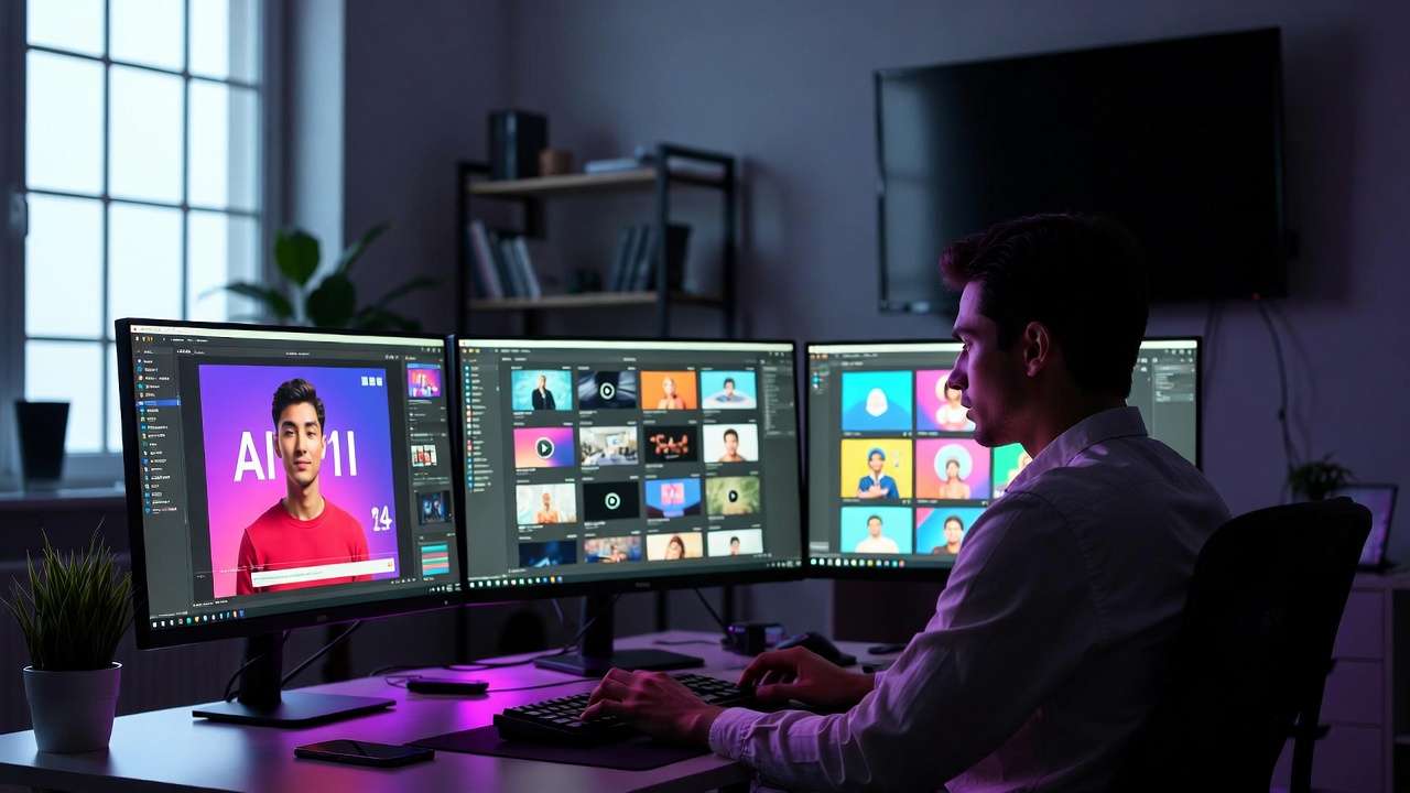 3 monitors: AI M1 portrait, grid thumbnails, avatars