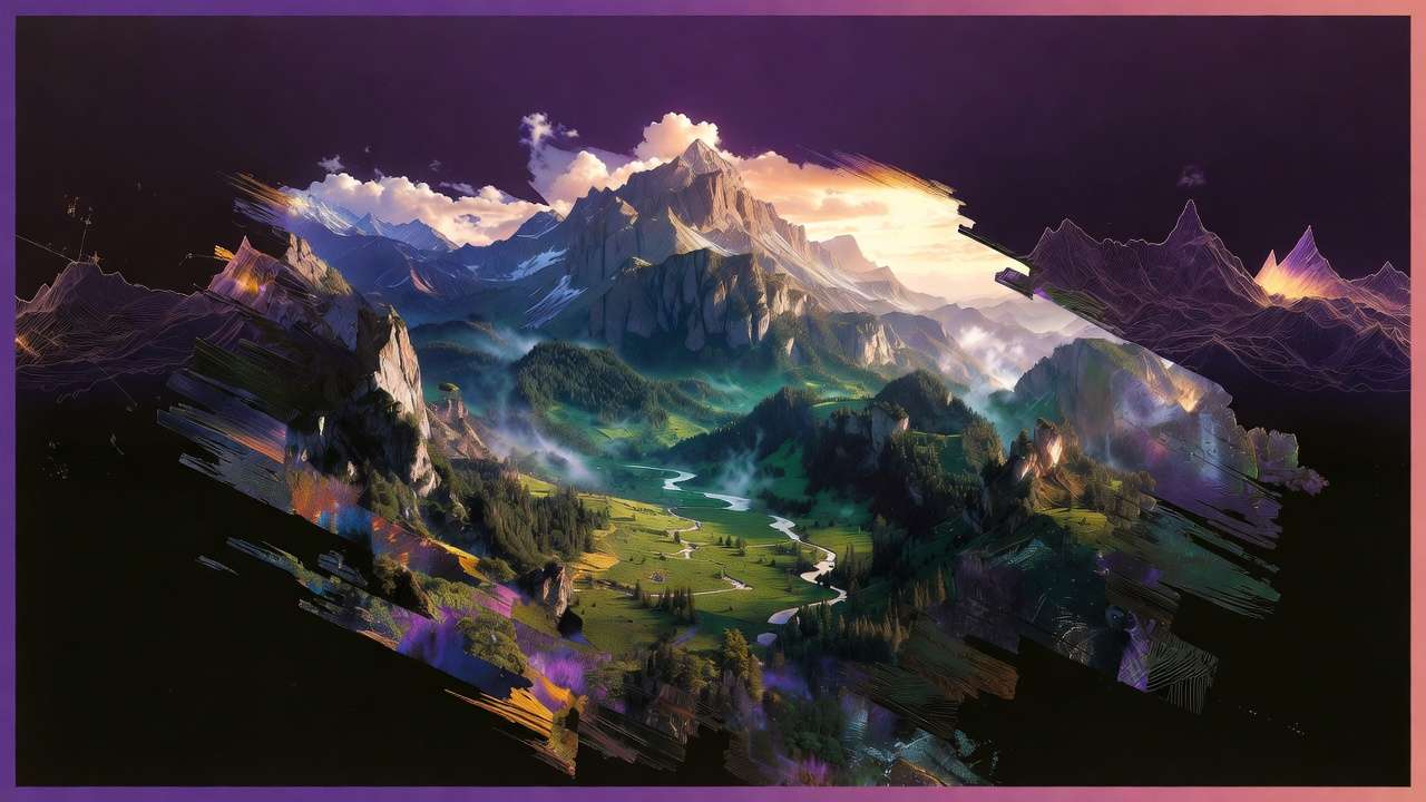 Mountains + river with glitch effects, wireframe edges