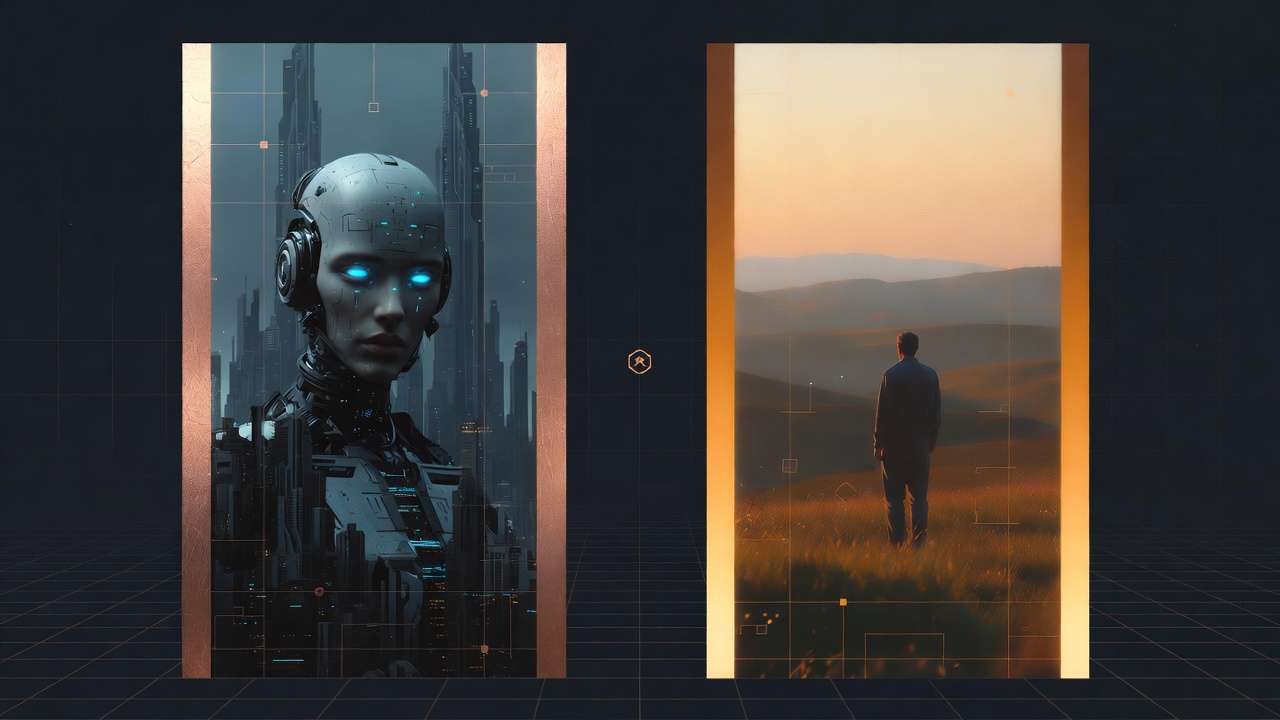 Split: cyborg woman in city vs man in golden field