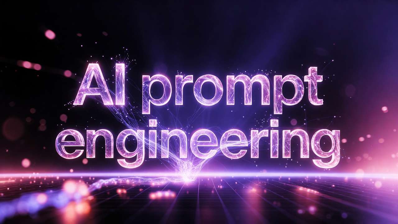 AI prompt engineering text, purple grid, particles