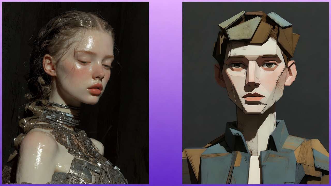 Split: hyper-realistic woman with metallic choker vs geometric cubist man, purple divider