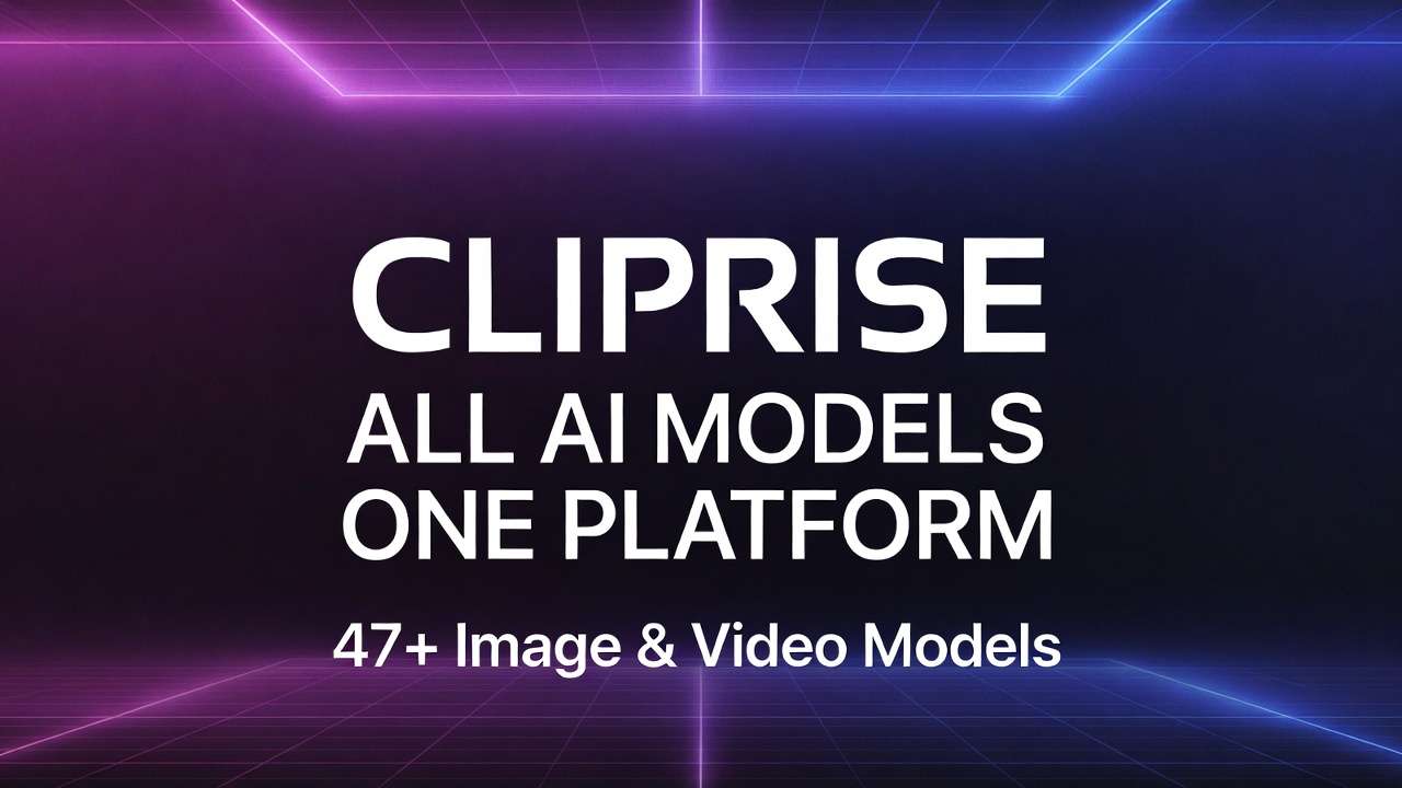 CLIPRISE ALL AI MODELS ONE PLATFORM, 47+ Image & Video Models, purple neon grid