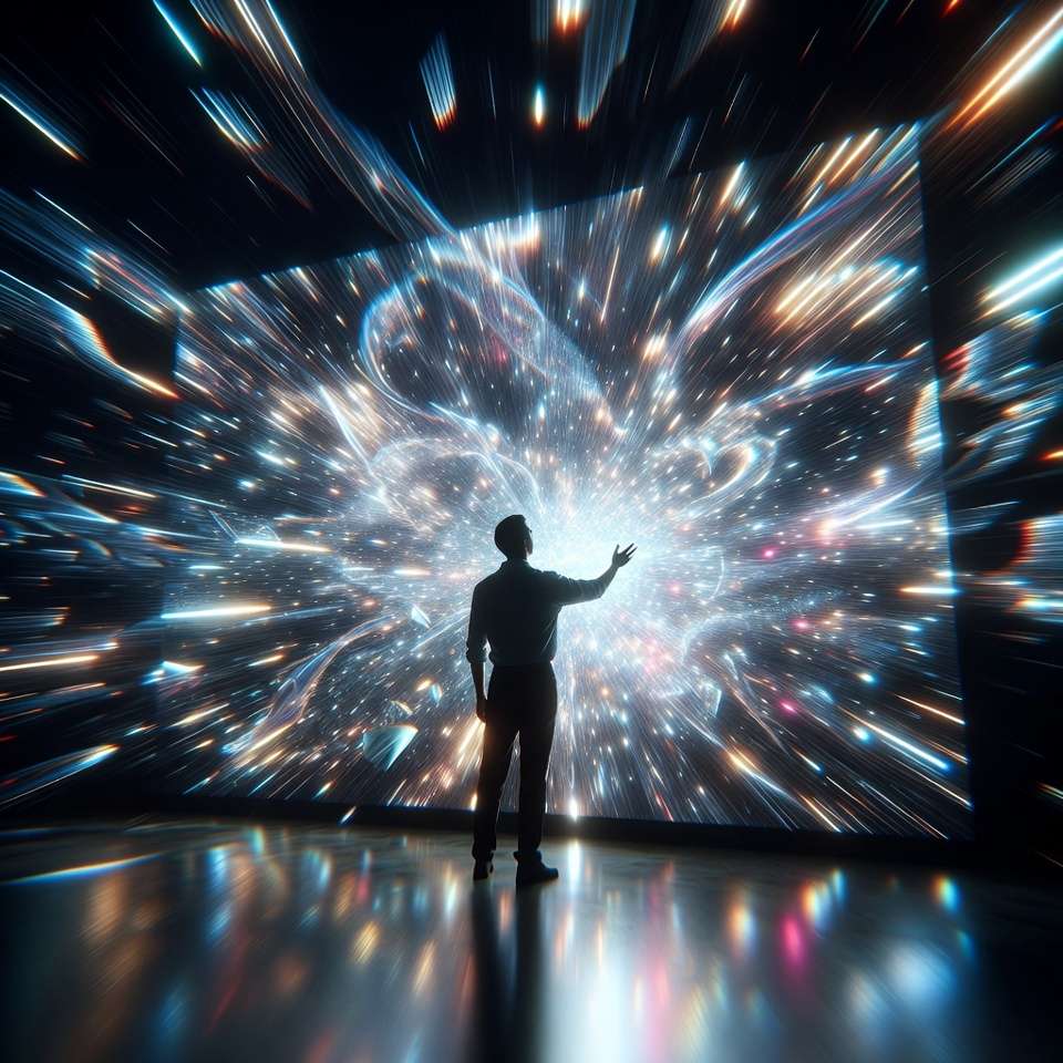 Silhouette before immersive digital display with light explosion