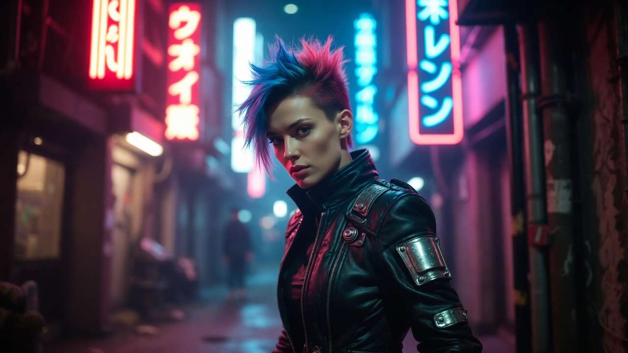 Cyberpunk woman with blue-pink mohawk in neon alley