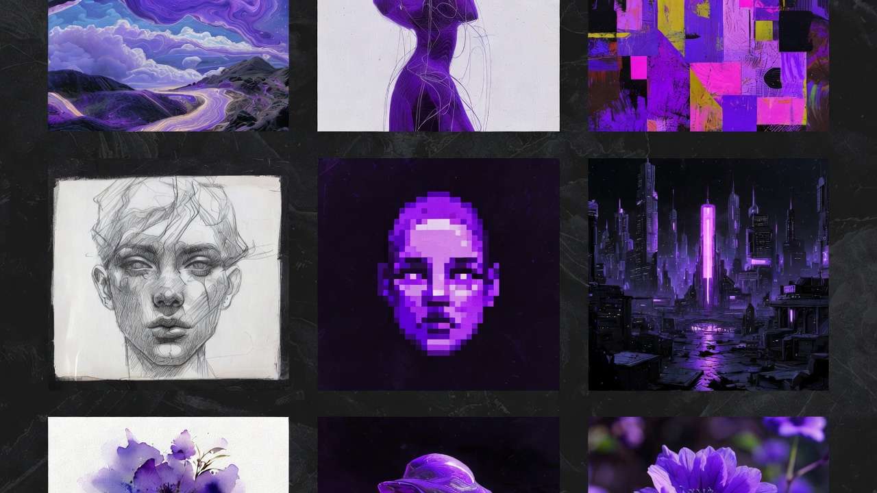 3x3 grid of nine purple-themed art pieces: painterly landscape, abstract silhouette, pencil sketch