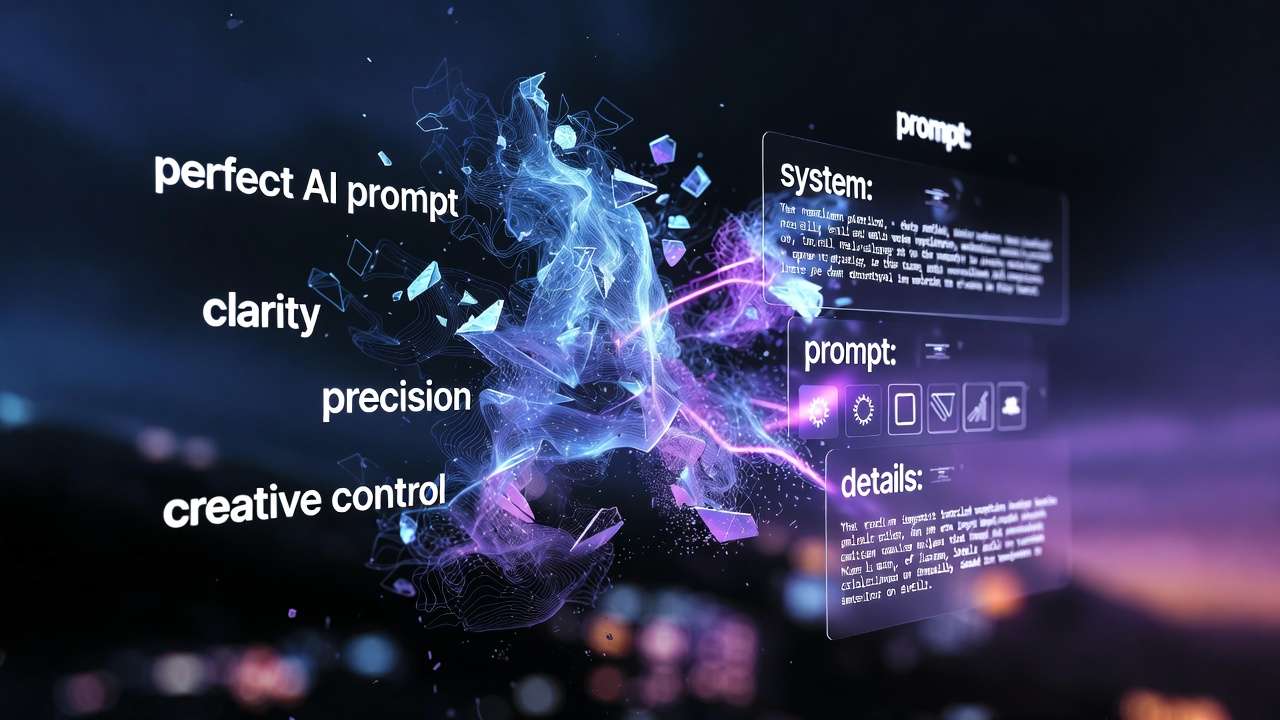 Perfect AI prompt visualization: blue-purple energy vortex, clarity precision creative control text