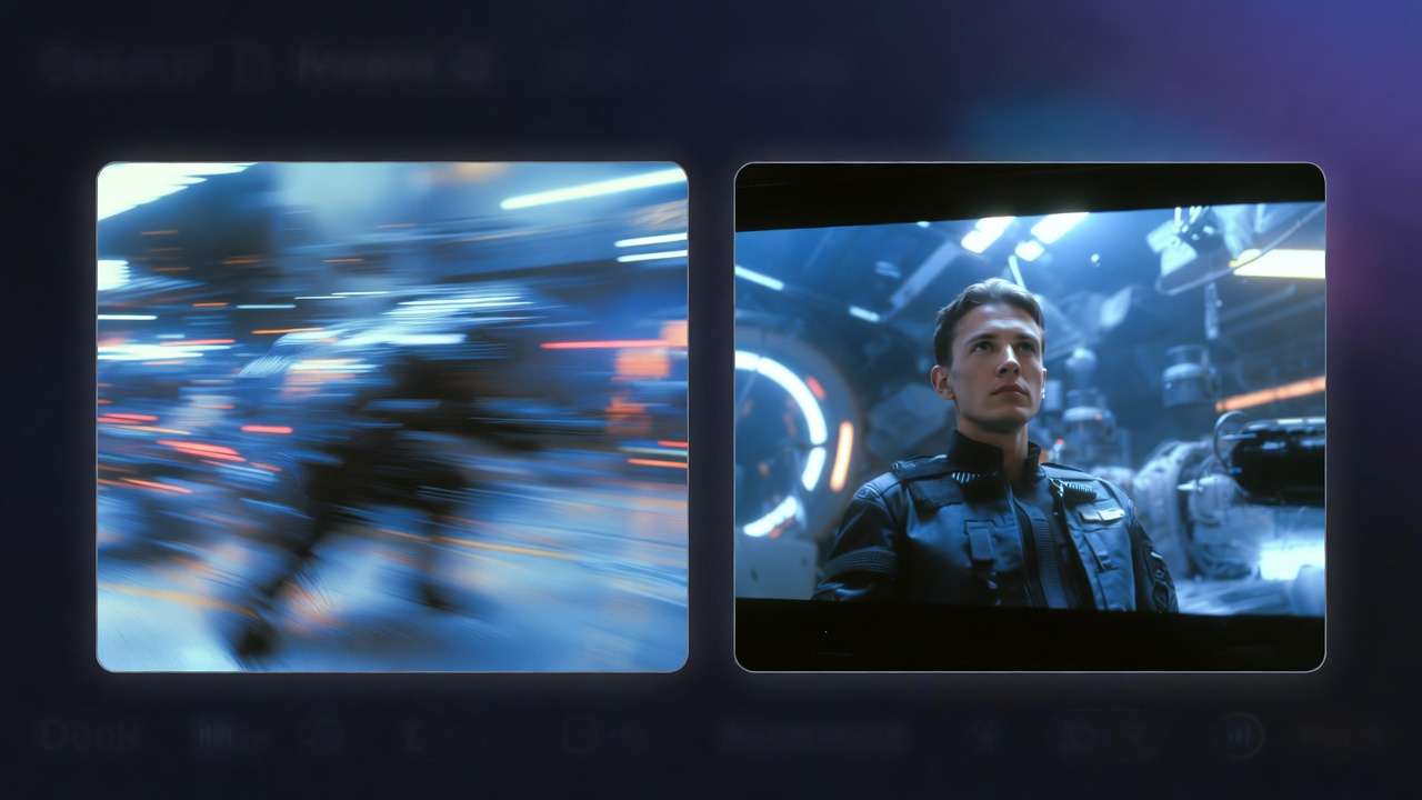 Split: motion-blurred futuristic action scene vs cinematic sci-fi man in control room