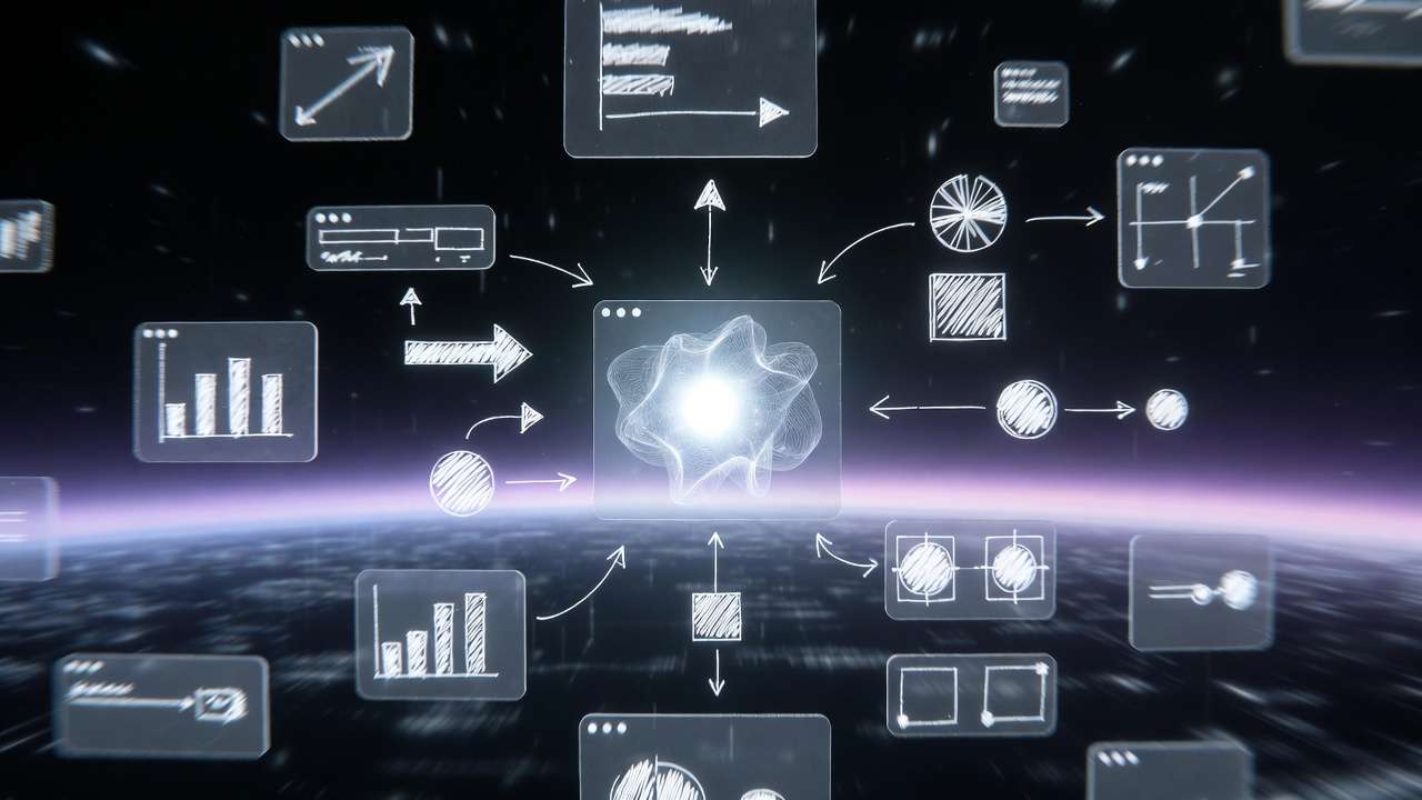 Floating hand-sketched charts and diagrams around glowing AI core, purple horizon