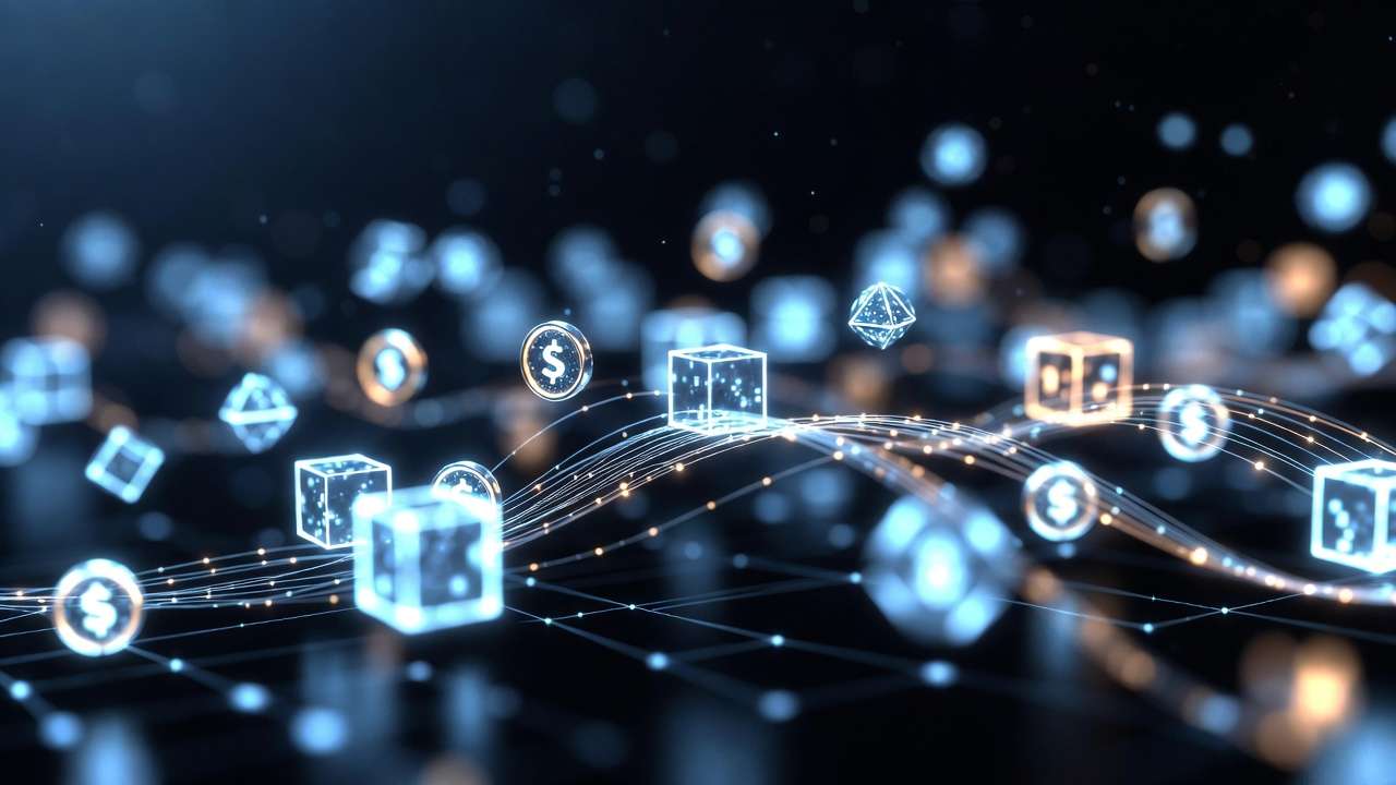 Blue wireframe cubes, dollar coins, blockchain network