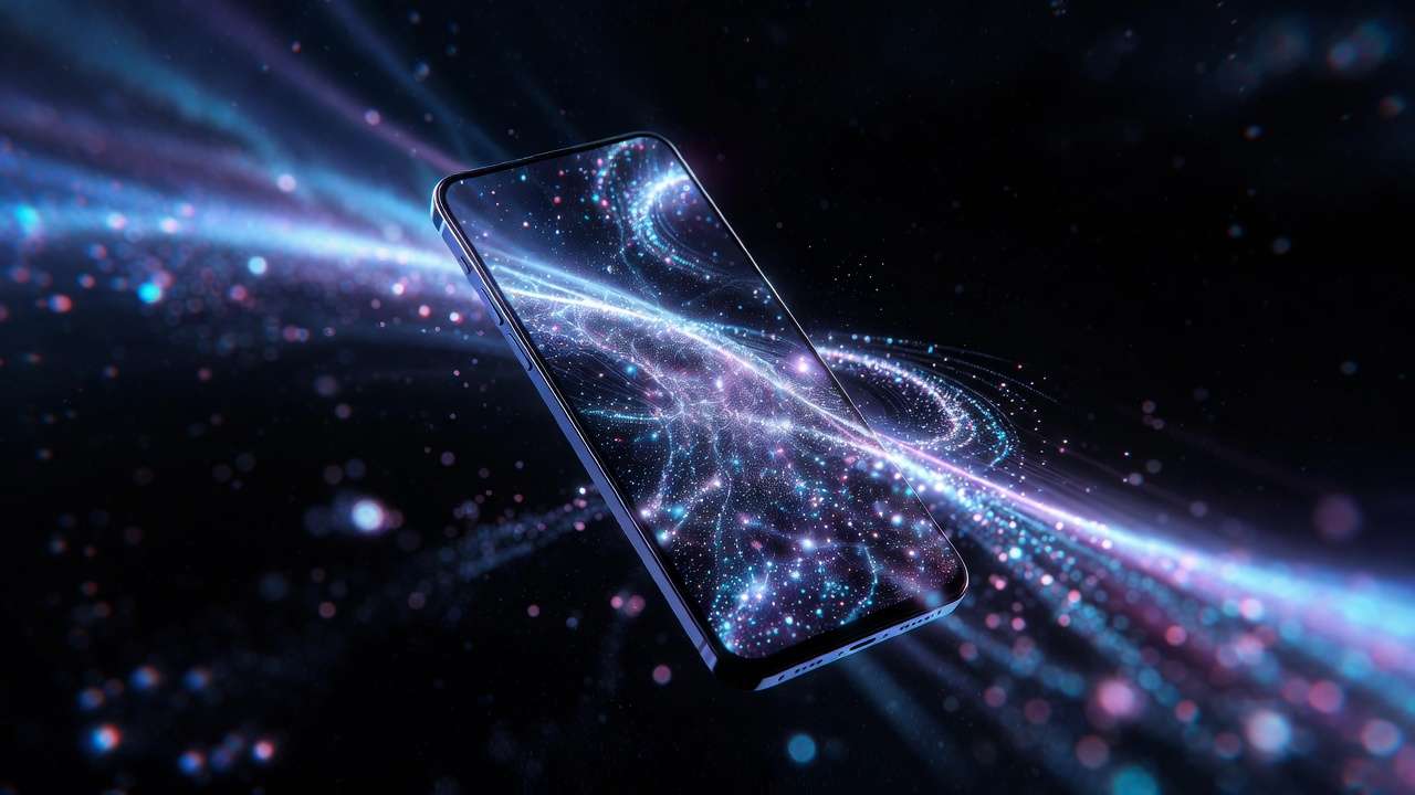 Smartphone in dark space, screen with blue-purple-pink light swirls, particles