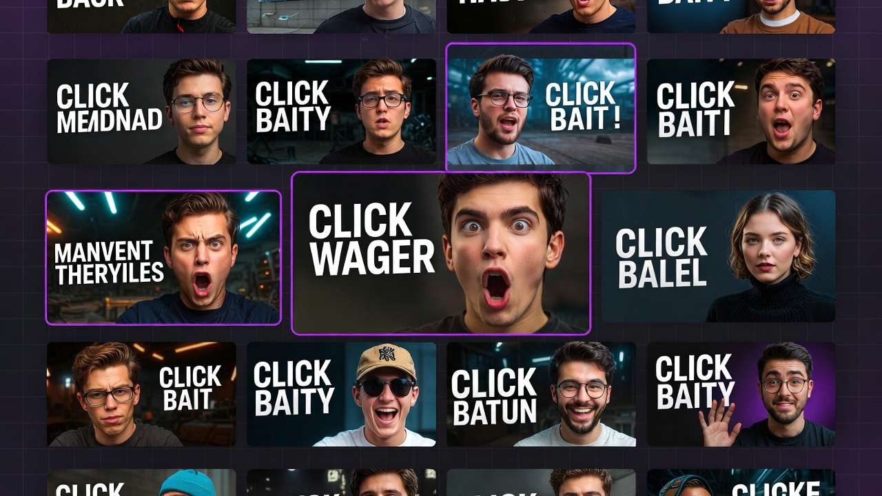 Grid of video thumbnails with exaggerated expressions and CLICK BAIT text overlays, dark purple background