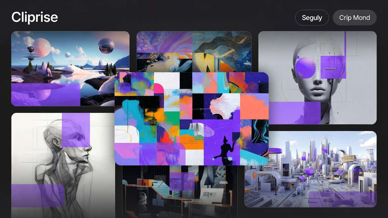 Cliprise gallery UI: 6 AI art pieces (fantasy landscape, abstract duo, cyborg portrait, sketch, collage