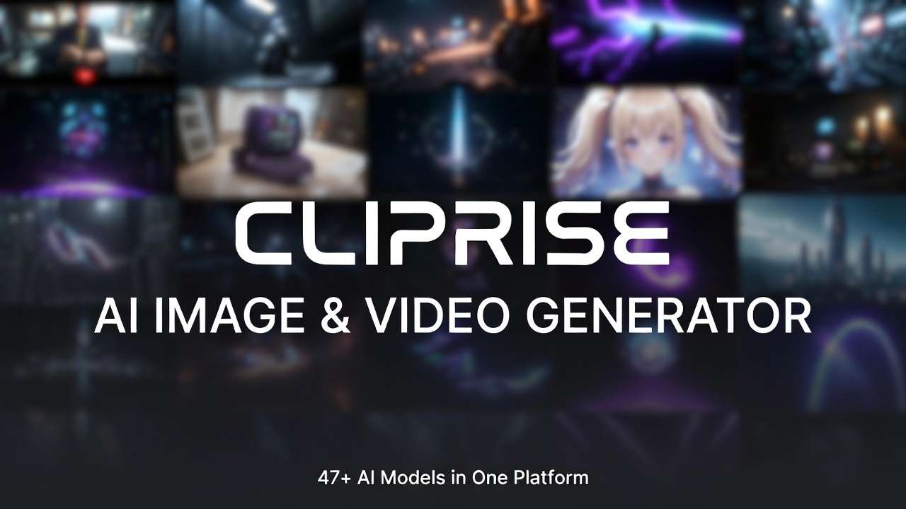 CLIPRISE AI IMAGE & VIDEO GENERATOR hero, 47+ AI Models, blurred collage of diverse outputs