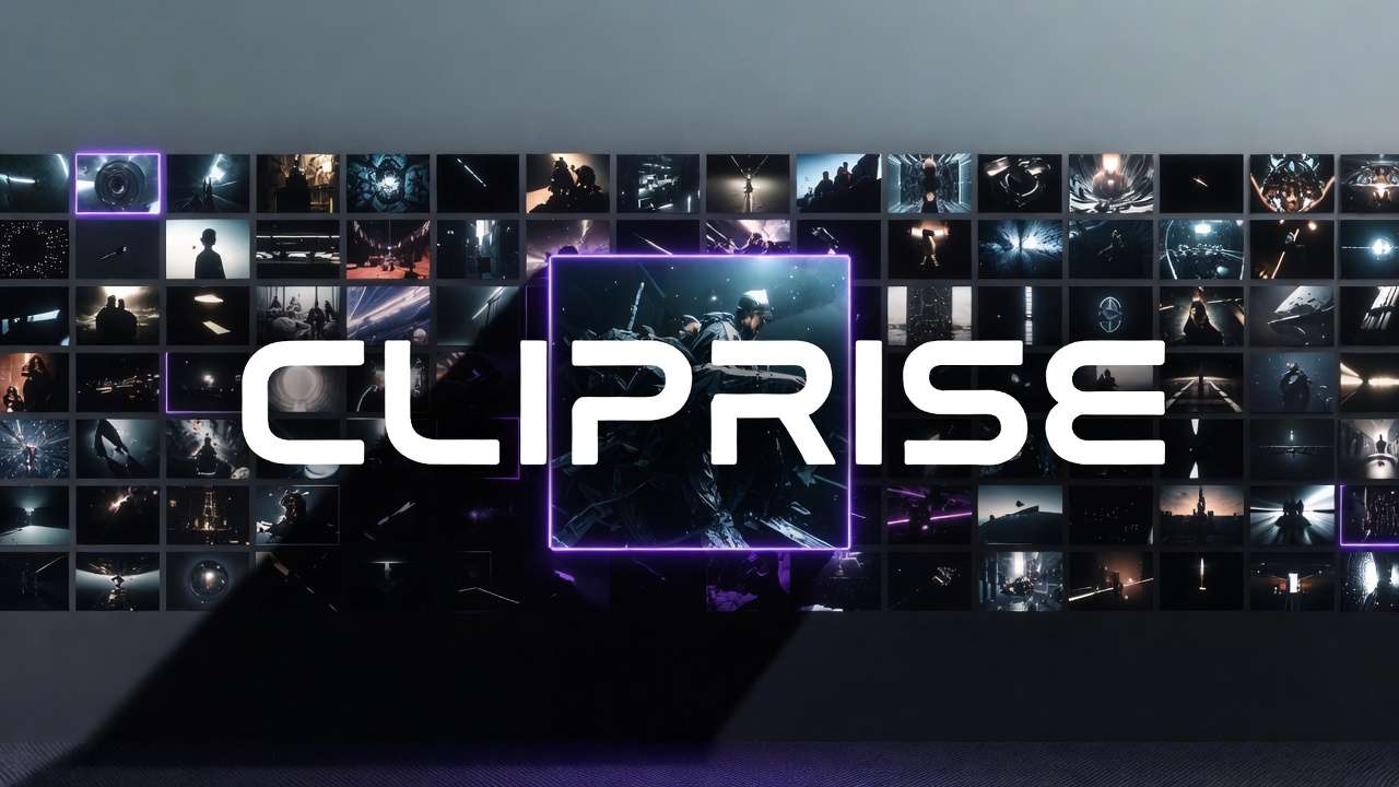 CLIPRISE logo over grid of dark futuristic video frames, central sci-fi action scene highlighted