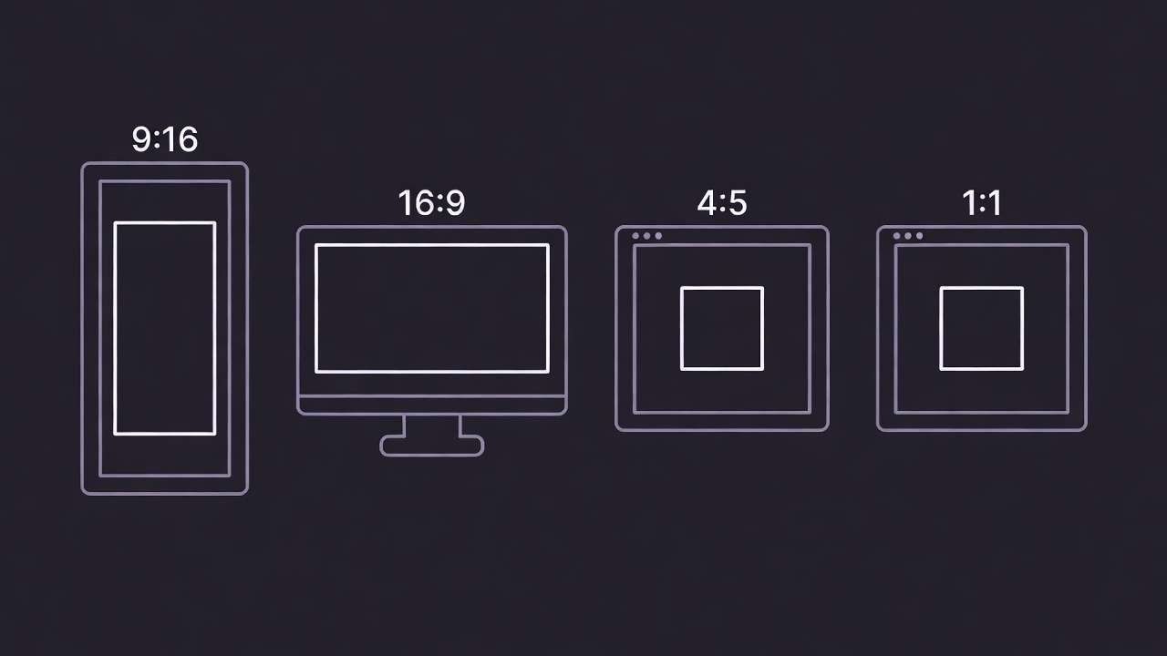 Four aspect ratio outlines: 9:16, 16:9, 4:5, 1:1 on dark purple bg