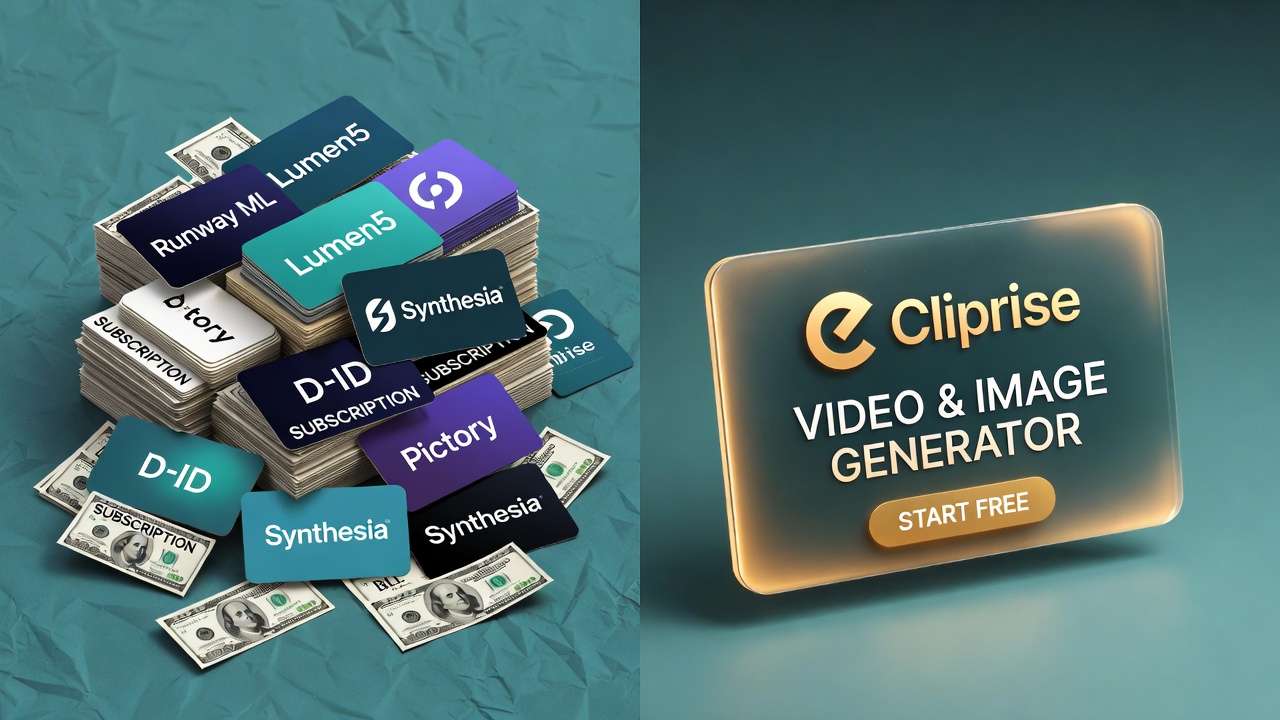 Split: stacks of dollars + AI tool cards (Runway, Synthesia