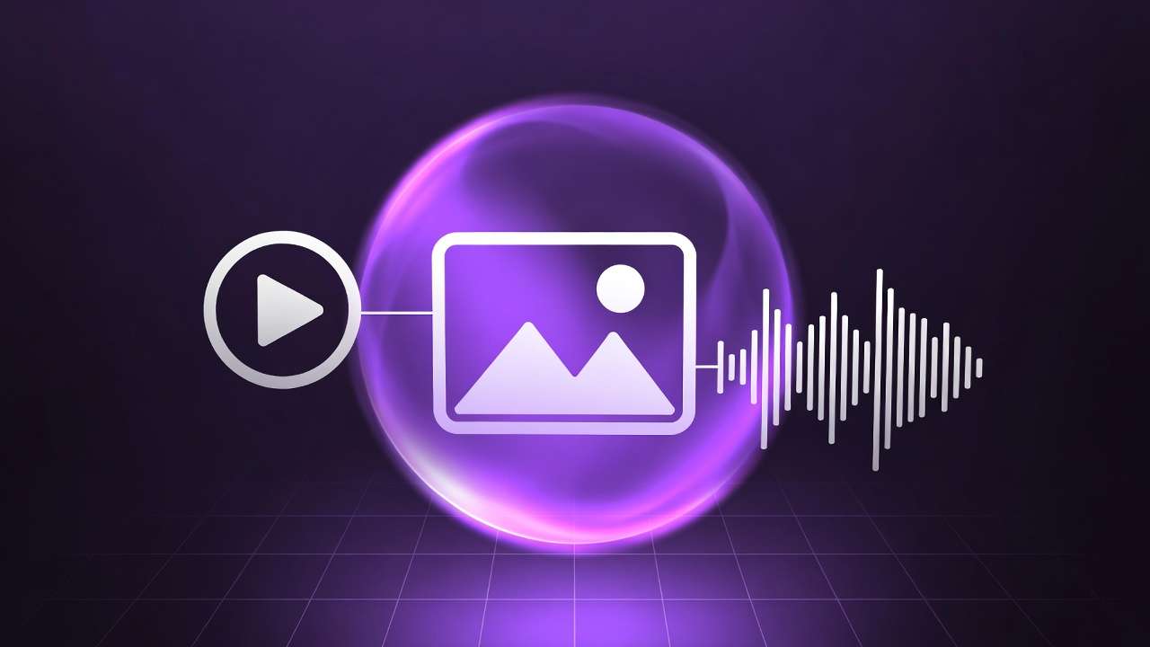 Play, image, audio icons linked to central glowing purple sphere