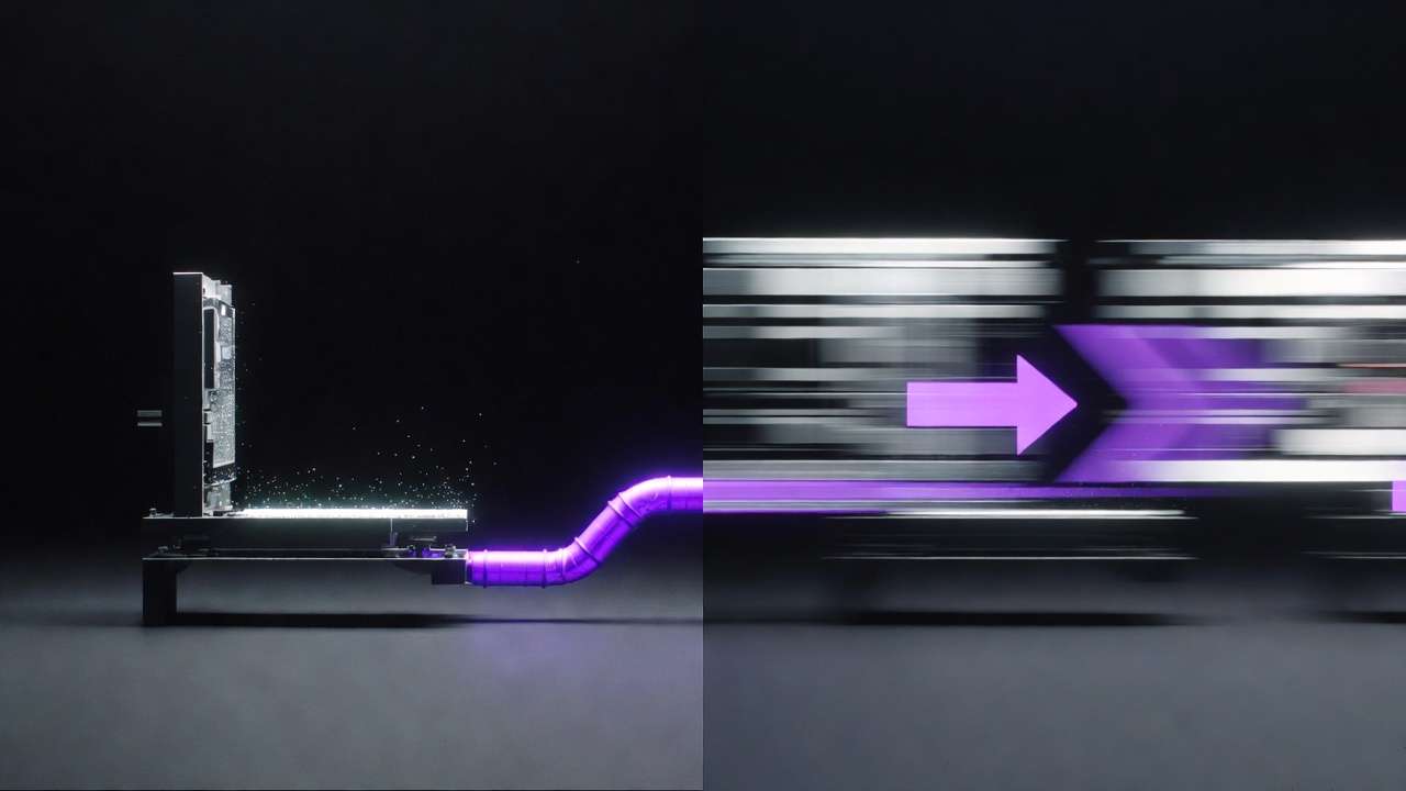 Circuit emitting data, glowing purple pipeline, motion-blurred arrows